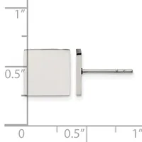 A square stud earring with a brushed metal finish shown front and side view against a ruler indicating dimensions of approximately 0.5 inches square with a post back.