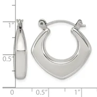 Polished silver-toned chunky square hoop earrings with hinged closures, shown from front and side views with a measurement scale indicating approximately one inch in length.