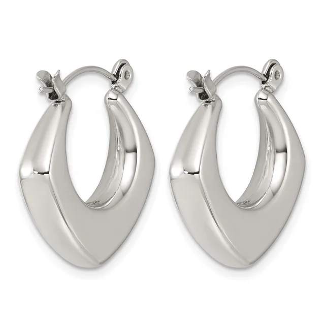 A pair of polished silver-toned chunky oval hoop earrings with a curved tapered design and small clip-style closures, shown from the front.