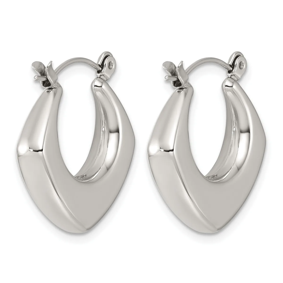 A pair of polished silver-toned chunky oval hoop earrings with a curved tapered design and small clip-style closures, shown from the front.