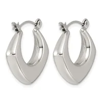A pair of polished silver-toned chunky oval hoop earrings with a curved tapered design and small clip-style closures, shown from the front.