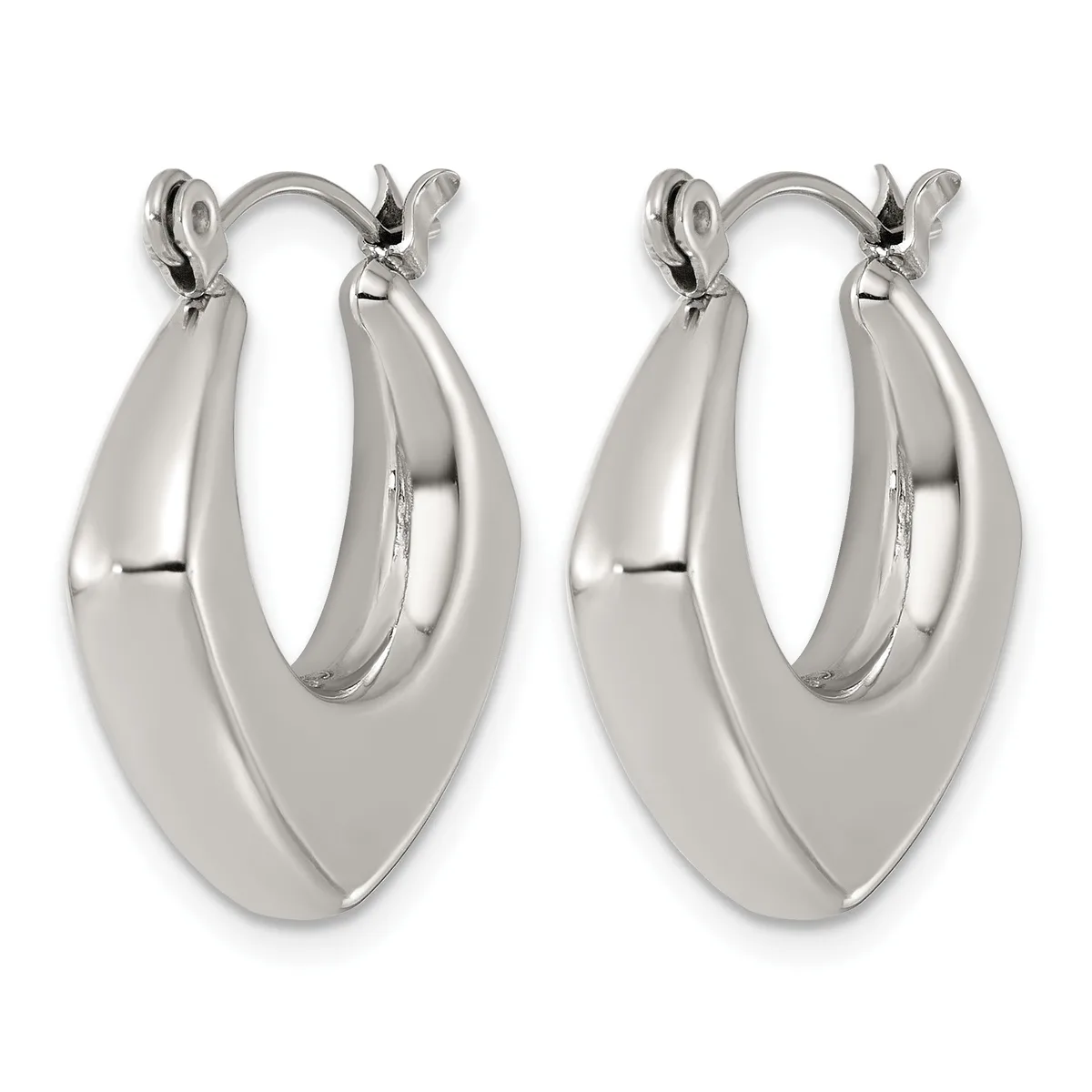 A pair of polished silver-tone chunky hoop earrings with a curved, tapered design and hinged closures.
