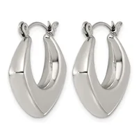 A pair of polished silver-tone chunky hoop earrings with a curved, tapered design and hinged closures.