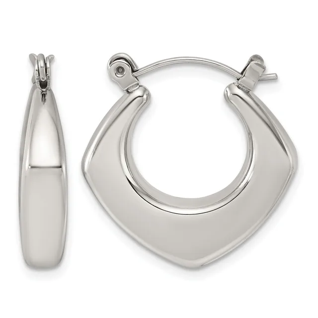 Pair of polished silver-toned chunky hoop earrings with a squared-off design, shown from front and side views with hinged closures.