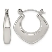 Pair of polished silver-toned chunky hoop earrings with a squared-off design, shown from front and side views with hinged closures.