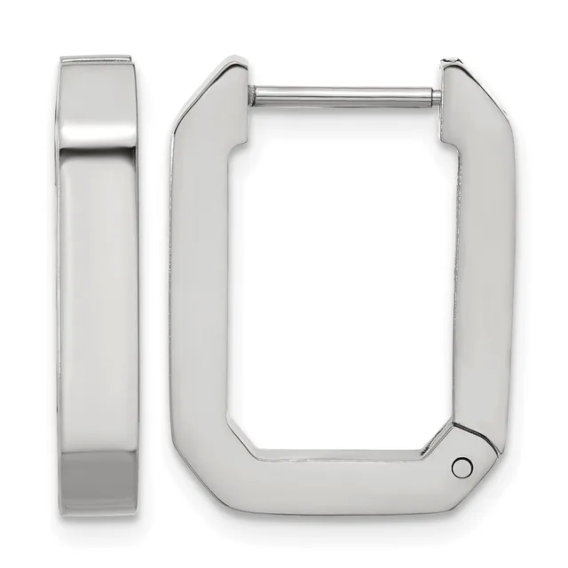 A pair of polished silver-toned rectangular hoop earrings with rounded corners, shown from front and side views.