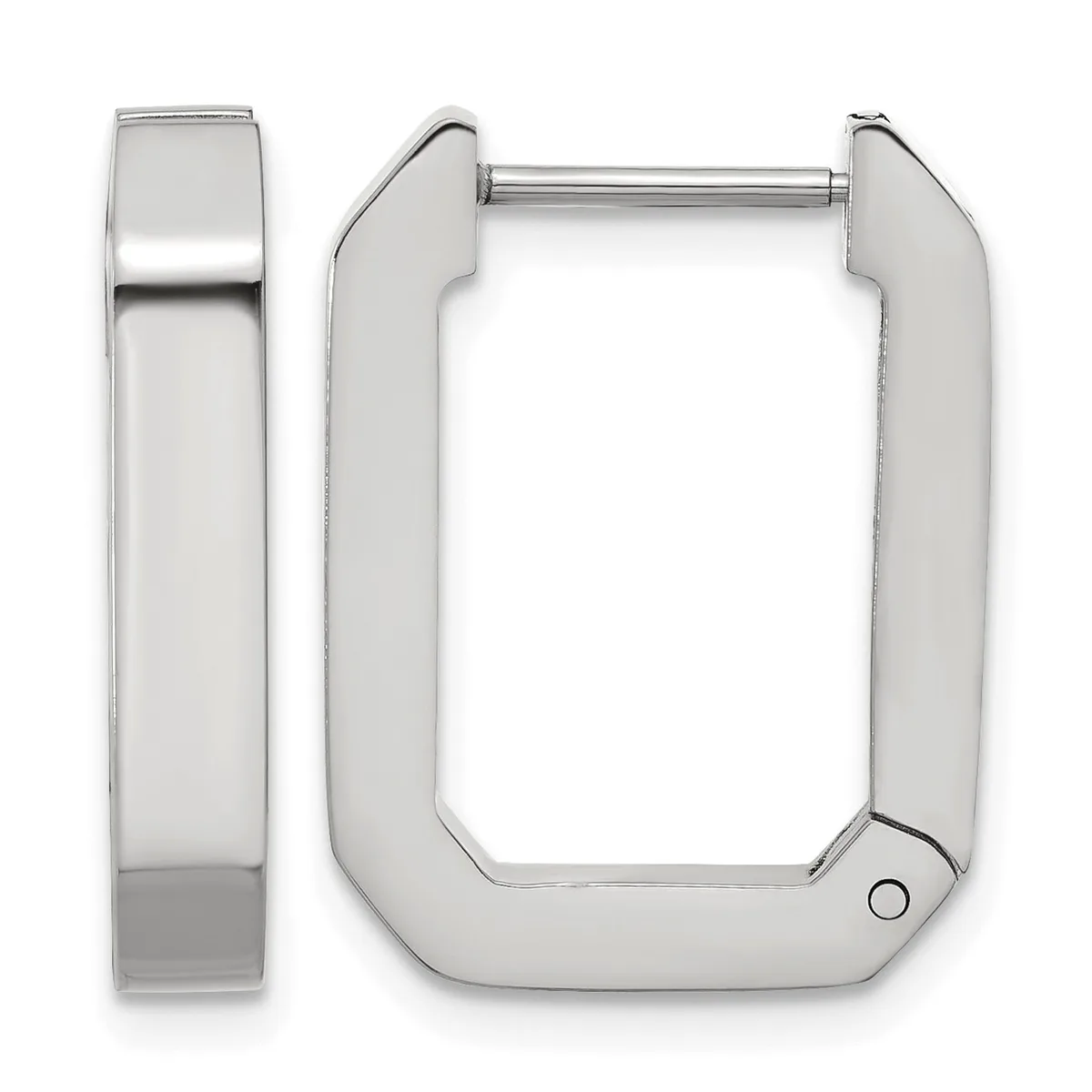 A pair of polished silver-toned rectangular hoop earrings with rounded corners, shown from front and side views.