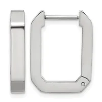 A pair of polished silver-toned rectangular hoop earrings with rounded corners, shown from front and side views.