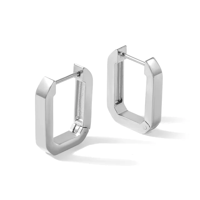 A pair of polished silver-toned rectangular hoop earrings with rounded corners and hinged closures, displayed open to show the post and clasp mechanisms.