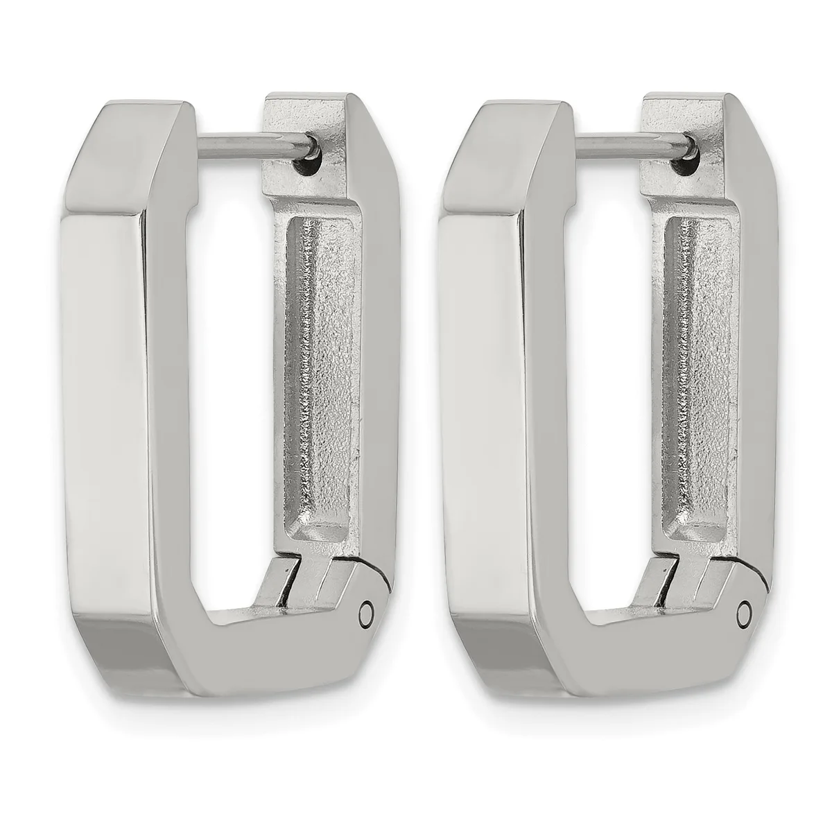 A pair of silver-toned rectangular hoop earrings with textured inner surfaces and polished outer edges, shown from the front and back.