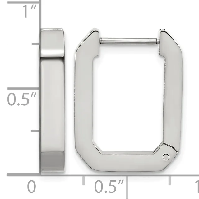 Silver-toned metal watch case with rounded rectangular shape and hinged opening, shown from front and side views with measurement scale indicating approximately one inch height and half inch width.