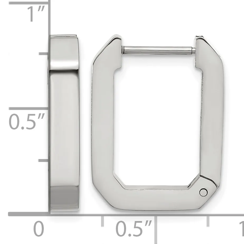 Silver-toned metal watch case with rounded rectangular shape and hinged opening, shown from front and side views with measurement scale indicating approximately one inch height and half inch width.