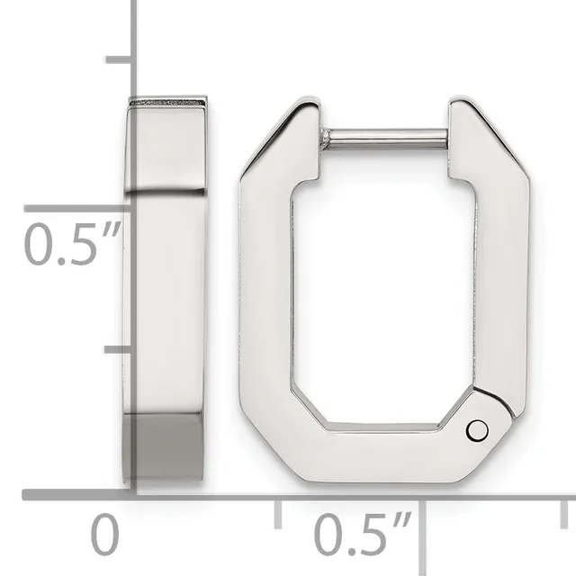 Silver-toned rectangular hoop earrings with rounded corners and notched sides, shown from front and side view with measurement scale indicating 0.5 inch dimensions.