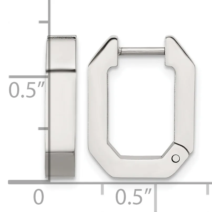 Silver-toned rectangular hoop earrings with rounded corners and notched sides, shown from front and side view with measurement scale indicating 0.5 inch dimensions.