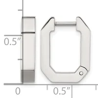 Silver-toned rectangular hoop earrings with rounded corners and notched sides, shown from front and side view with measurement scale indicating 0.5 inch dimensions.
