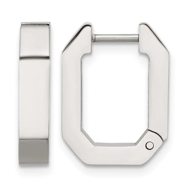 Pair of polished silver-toned rectangular hoop earrings with squared corners and a small hinged post closure, shown from front and side views.