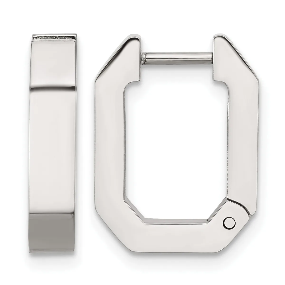 Pair of polished silver-toned rectangular hoop earrings with squared corners and a small hinged post closure, shown from front and side views.