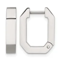 Pair of polished silver-toned rectangular hoop earrings with squared corners and a small hinged post closure, shown from front and side views.