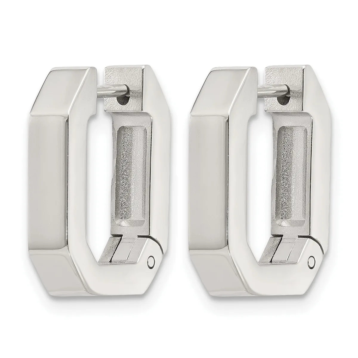 Pair of silver-toned hoop earrings with textured cylindrical centers and polished outer surfaces, shown from front and back views.