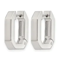 Pair of silver-toned hoop earrings with textured cylindrical centers and polished outer surfaces, shown from front and back views.