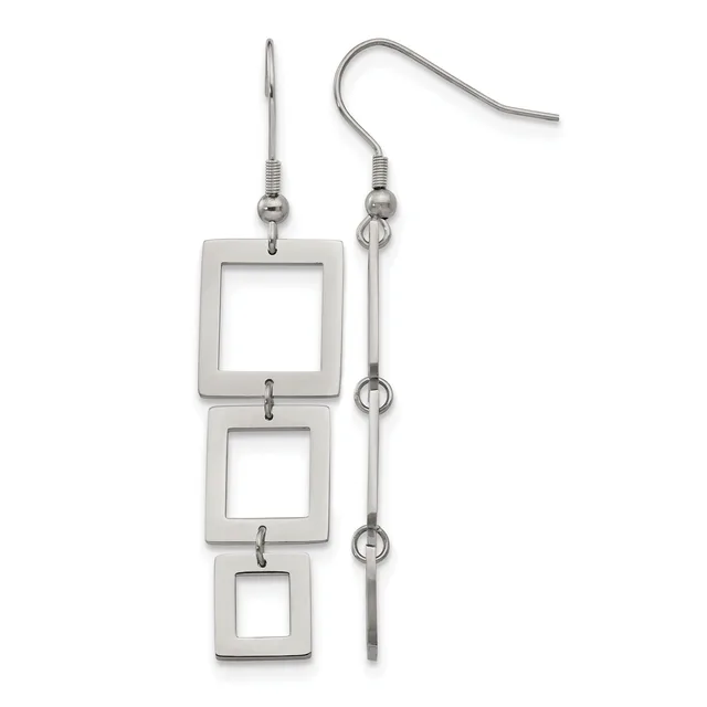 A pair of stainless steel dangle earrings with three connected square frames on the left and a chain with small rings on the right, suspended from fish hook wires.