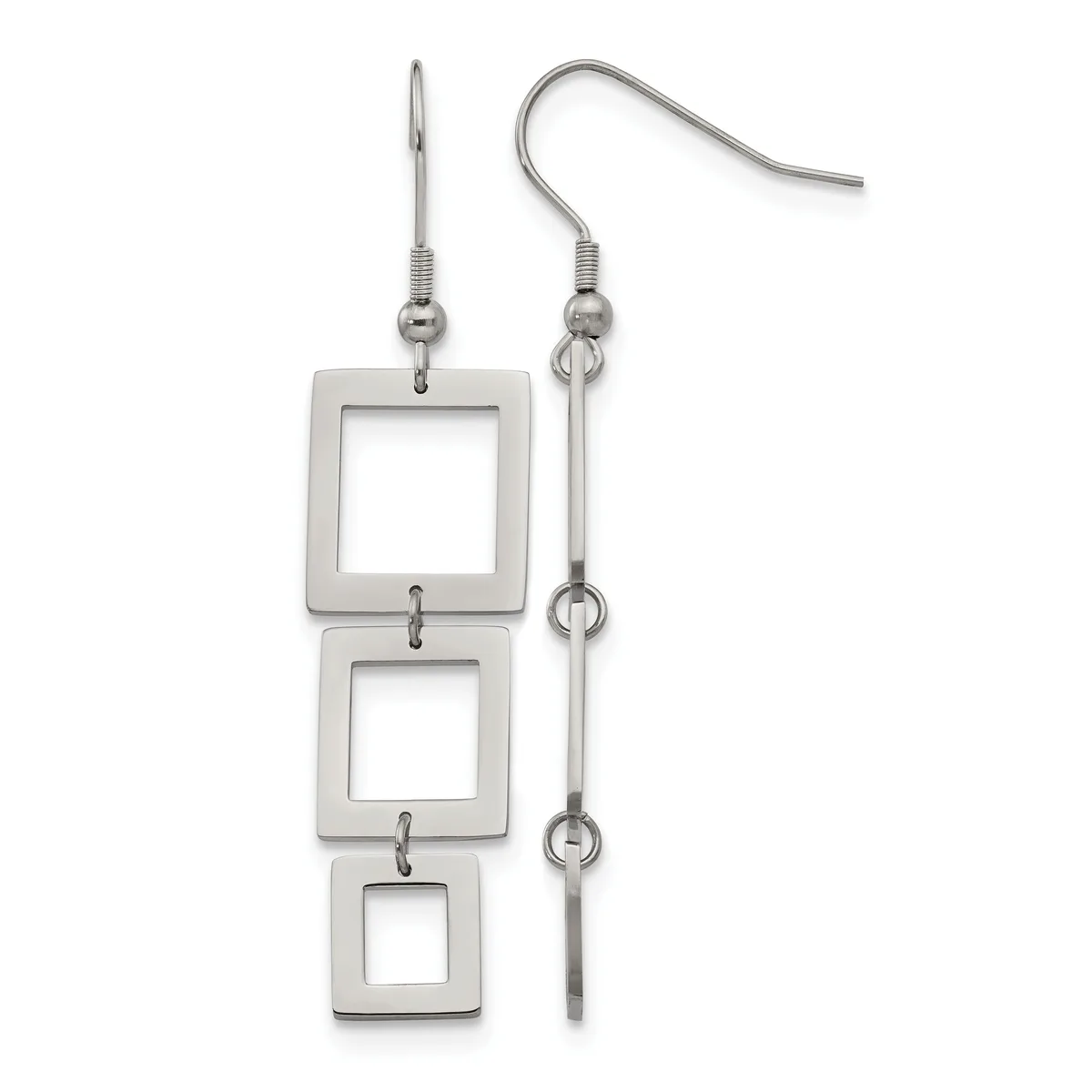 A pair of stainless steel dangle earrings with three connected square frames on the left and a chain with small rings on the right, suspended from fish hook wires.