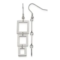 A pair of stainless steel dangle earrings with three connected square frames on the left and a chain with small rings on the right, suspended from fish hook wires.