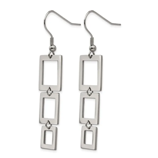 Pair of silver-toned dangle earrings with three connected rectangular frames hanging from fish hook wires.
