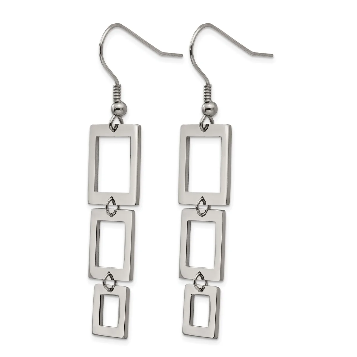 Pair of silver-toned dangle earrings with three connected rectangular frames hanging from fish hook wires.