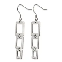 Pair of silver-toned dangle earrings with three connected rectangular frames hanging from fish hook wires.