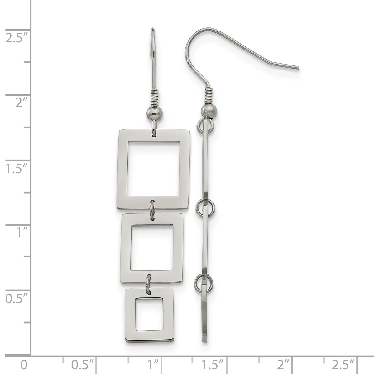 Pair of silver-tone dangle earrings with three connected square frames on one ear and a beaded chain on the other, displayed against a measurement ruler.
