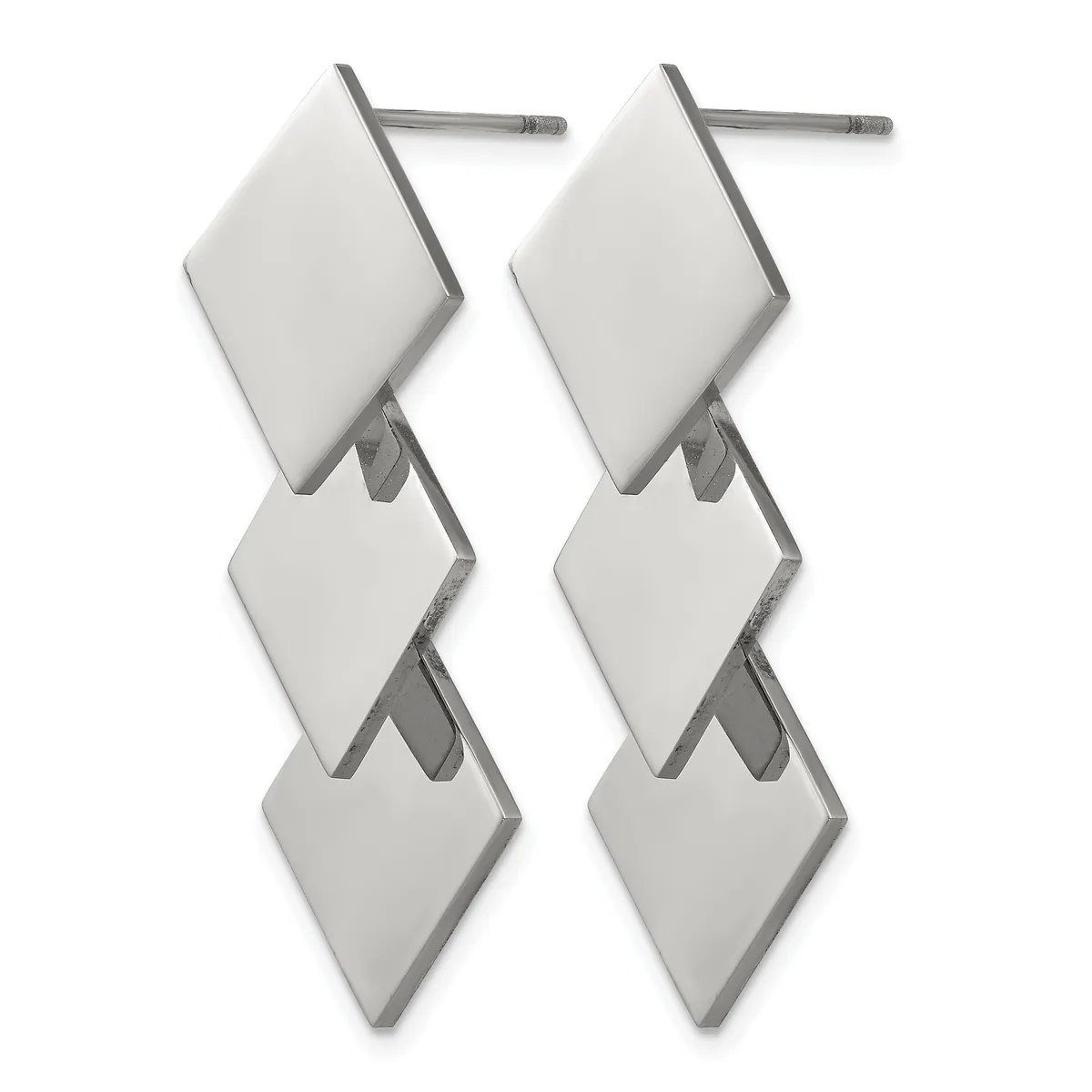 Pair of silver stud earrings featuring three stacked diamond-shaped white stones connected by metal bars, displayed against a white background.