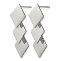Pair of silver stud earrings featuring three stacked diamond-shaped white stones connected by metal bars, displayed against a white background.