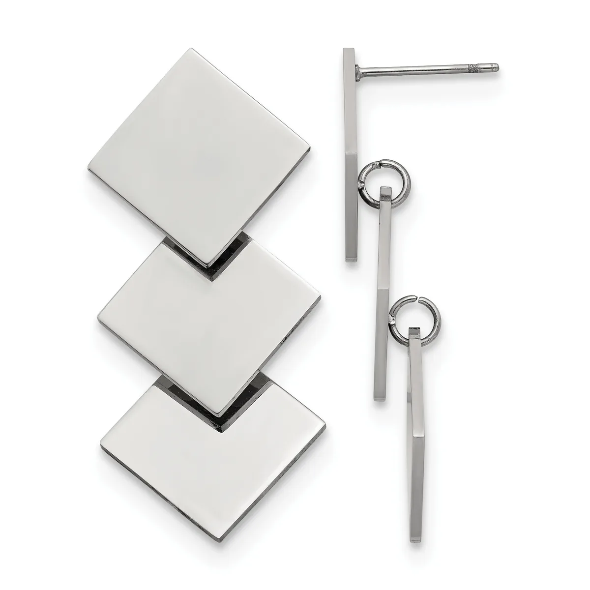 Silver earrings with three square white stone drops on the left and a pair of matching square white stone drop earrings on elongated posts on the right.