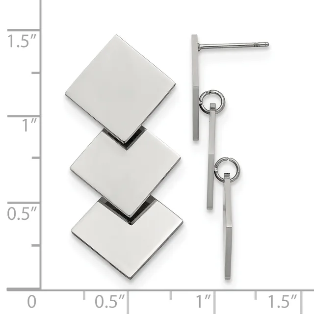 Three square stainless steel earring studs with posts and backs displayed next to a ruler showing measurements up to 1.5 inches.