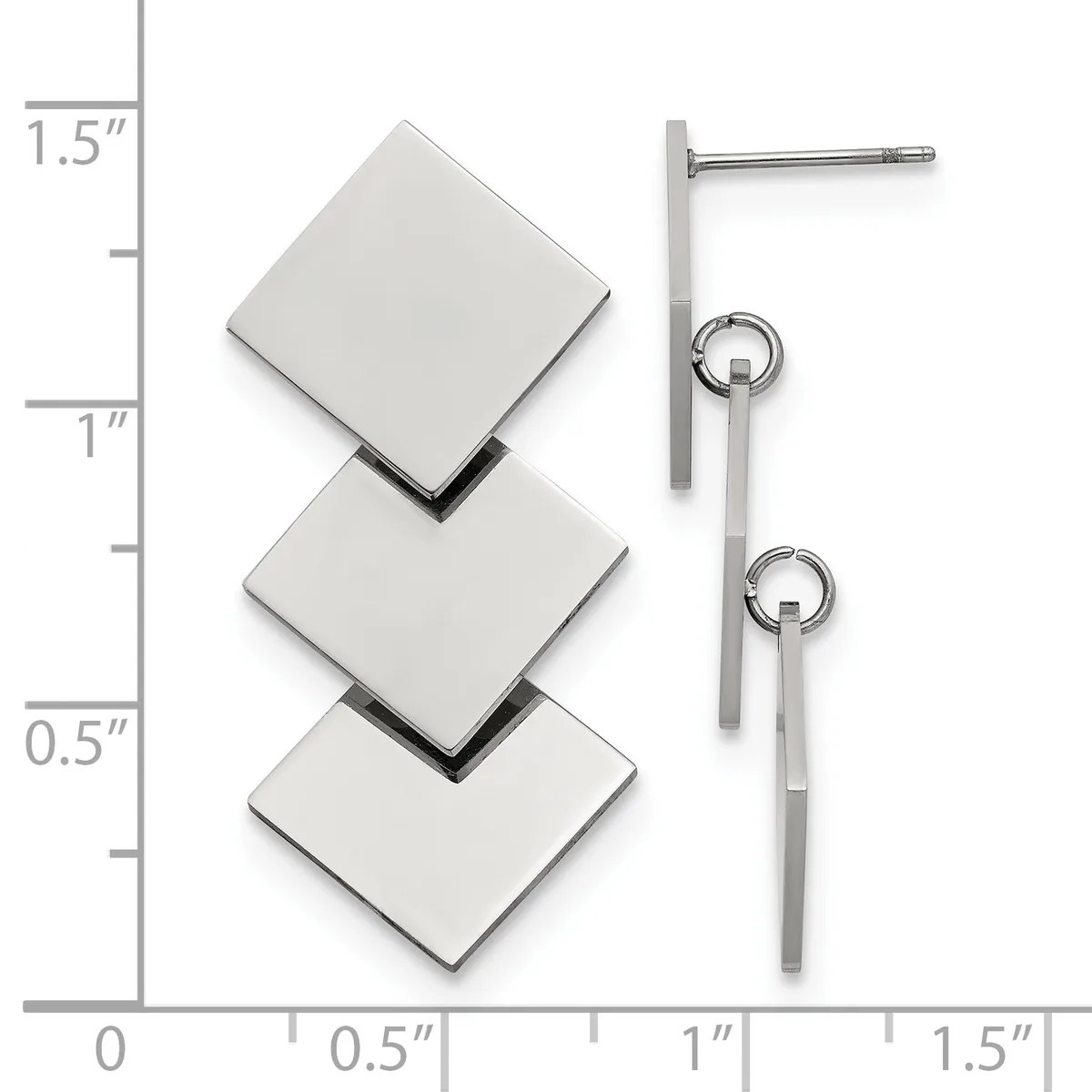 Three square stainless steel earring studs with posts and backs displayed next to a ruler showing measurements up to 1.5 inches.