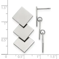 Three square stainless steel earring studs with posts and backs displayed next to a ruler showing measurements up to 1.5 inches.