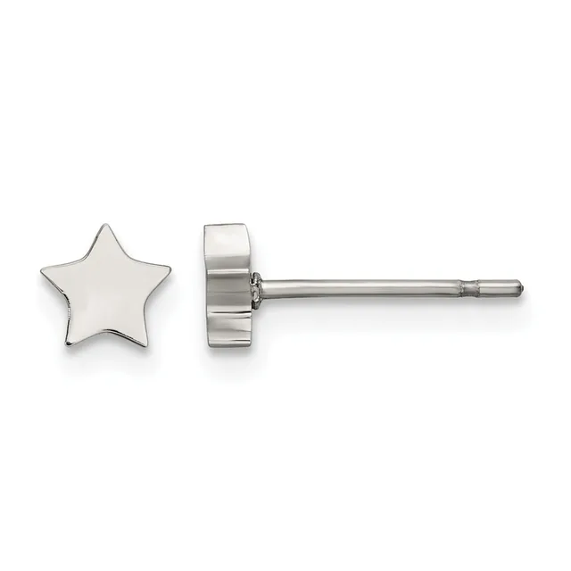 Pair of polished silver star-shaped stud earrings shown from front and side view with a thin post and backing.