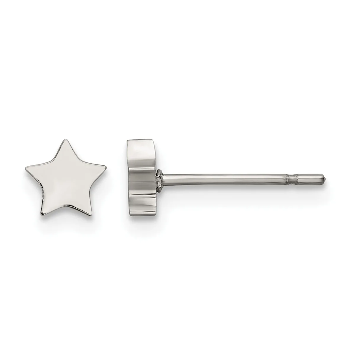 Pair of polished silver star-shaped stud earrings shown from front and side view with a thin post and backing.
