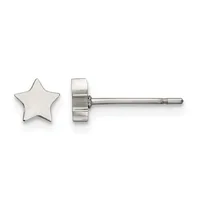 Pair of polished silver star-shaped stud earrings shown from front and side view with a thin post and backing.