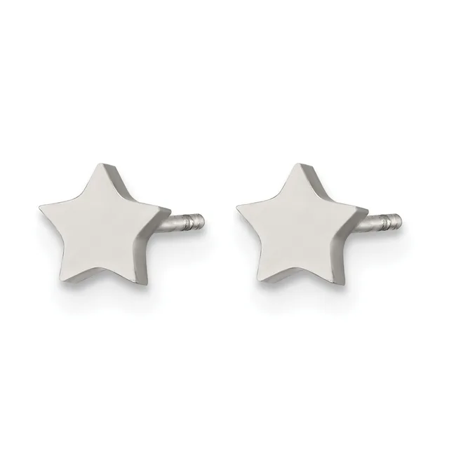 A pair of silver star-shaped stud earrings with posts and backs, displayed against a white background.