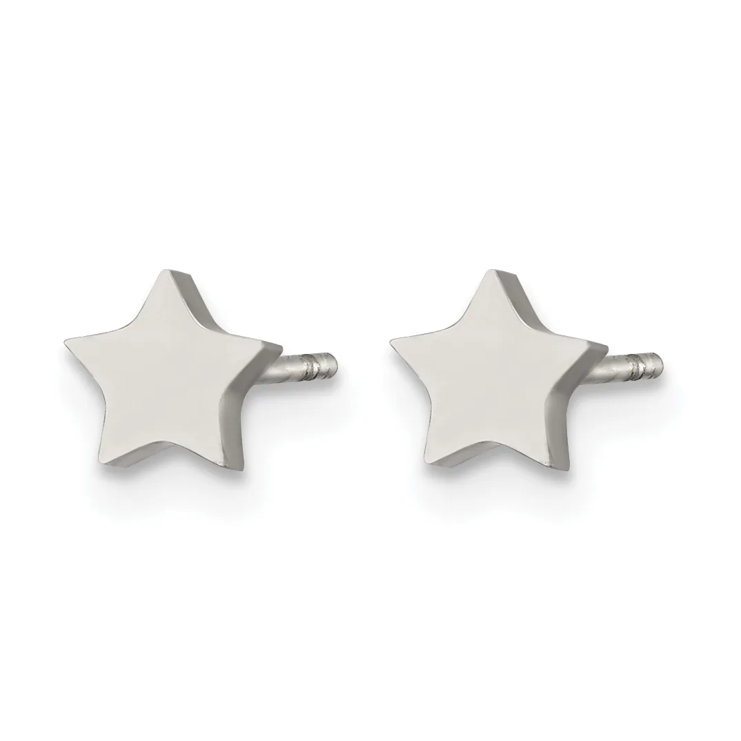 A pair of silver star-shaped stud earrings with posts and backs, displayed against a white background.