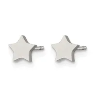 A pair of silver star-shaped stud earrings with posts and backs, displayed against a white background.