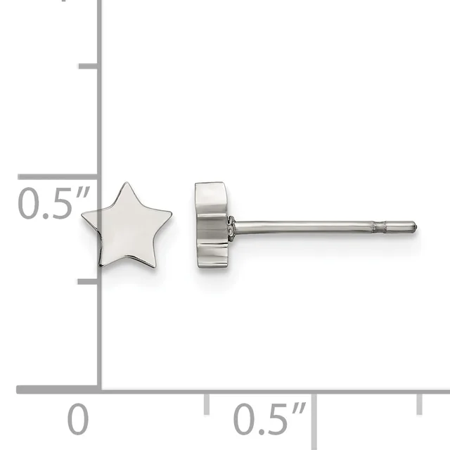 A silver star-shaped stud earring shown from front and back views with a measurement scale indicating it is 0.5 inches wide.