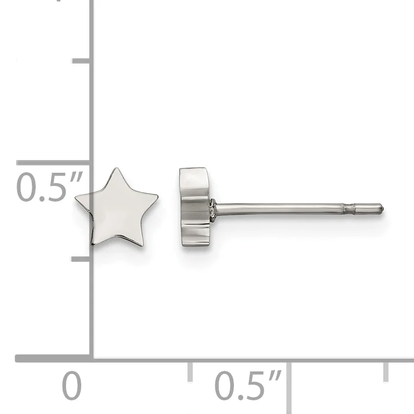 A silver star-shaped stud earring shown from front and back views with a measurement scale indicating it is 0.5 inches wide.