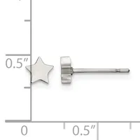 A silver star-shaped stud earring shown from front and back views with a measurement scale indicating it is 0.5 inches wide.