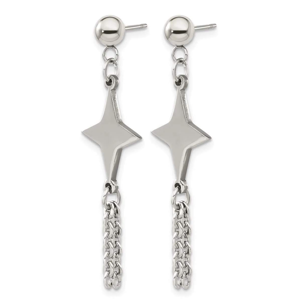 Pair of silver-toned dangle earrings with ball studs, four-pointed star pendants, and chain fringe hanging below.