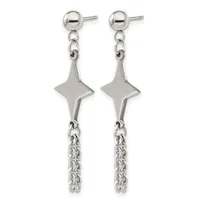 Pair of silver-toned dangle earrings with ball studs, four-pointed star pendants, and chain fringe hanging below.