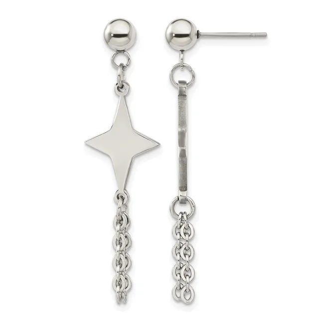 Pair of silver dangle earrings with ball studs, four-pointed star charms, and chain drops hanging from connector rings.