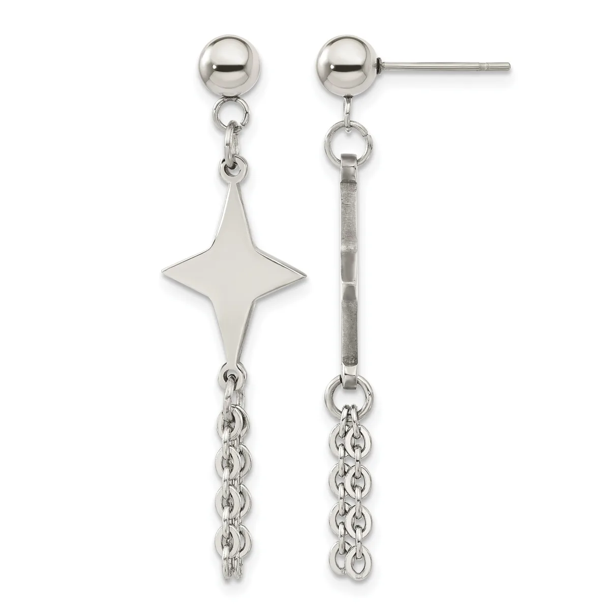 Pair of silver dangle earrings with ball studs, four-pointed star charms, and chain drops hanging from connector rings.